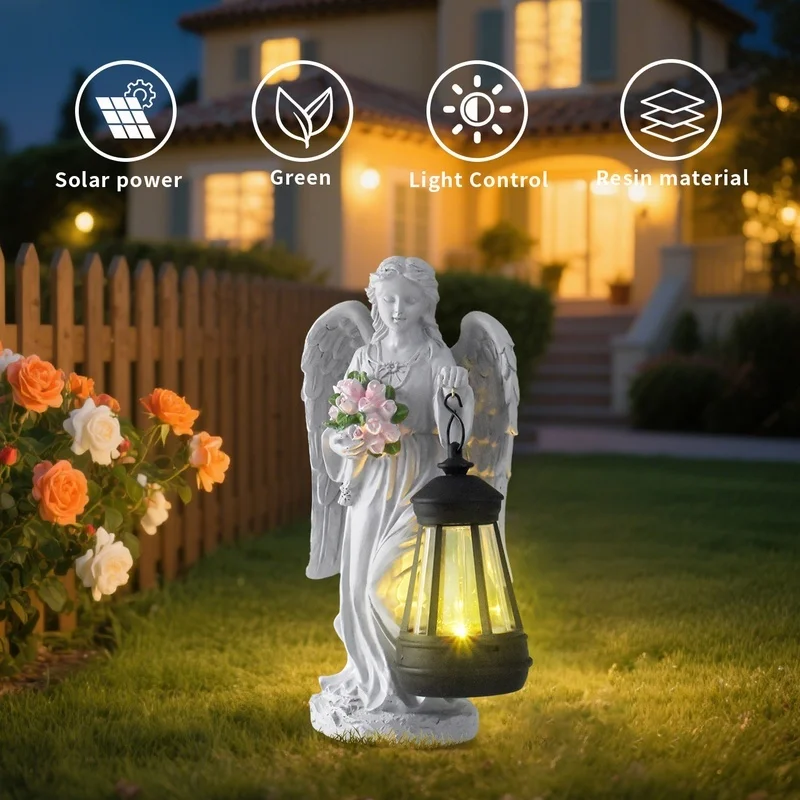 SM25997 Solar Resin Statue - Angel Holding Bouquet with Freestanding Light