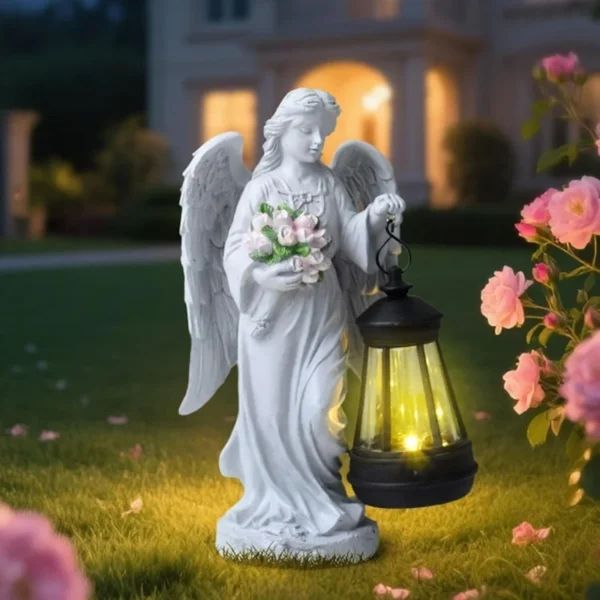 SM25997 Solar Resin Statue - Angel Holding Bouquet with Freestanding Light_2