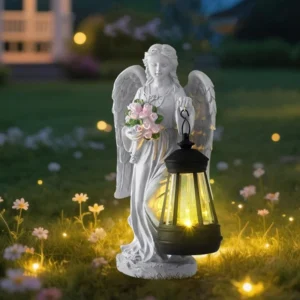 SM25997 Solar Resin Statue - Angel Holding Bouquet with Freestanding Light_3