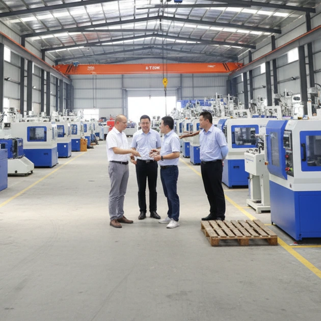 clients discussing production capacity and lead times amidst the clean automated manufacturing lines at glowyard.