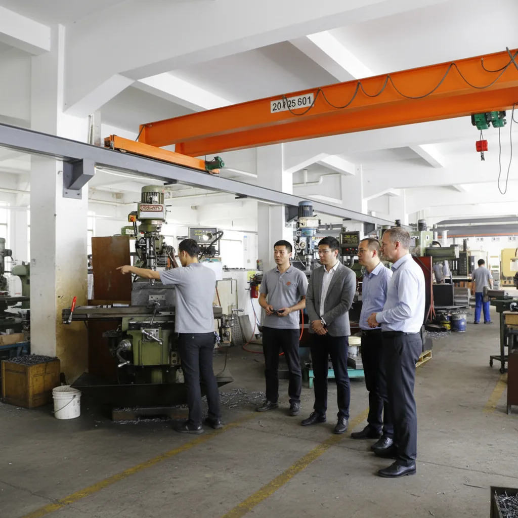 european buyer inspecting heavy duty mold fabrication machinery and overhead crane facilities at glowyard factory.