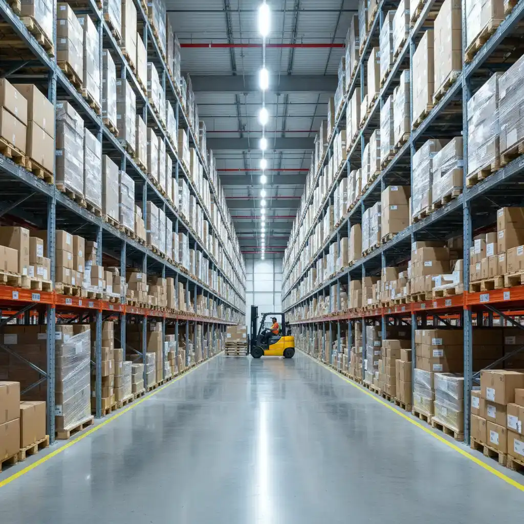 glowyard lighting warehouse with pallets of ready to ship solar lights in drop test approved packaging