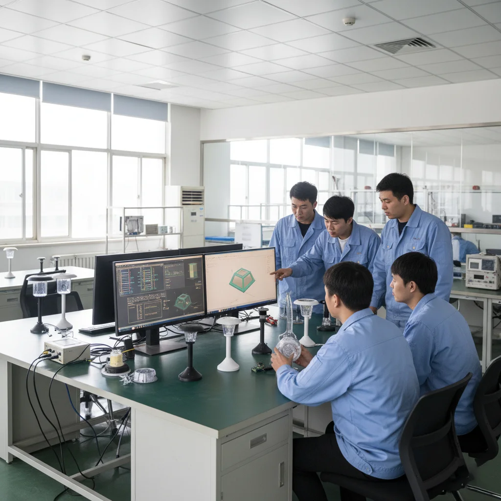 glowyard engineers working in the r&d and prototype workshop reviewing solar garden light designs