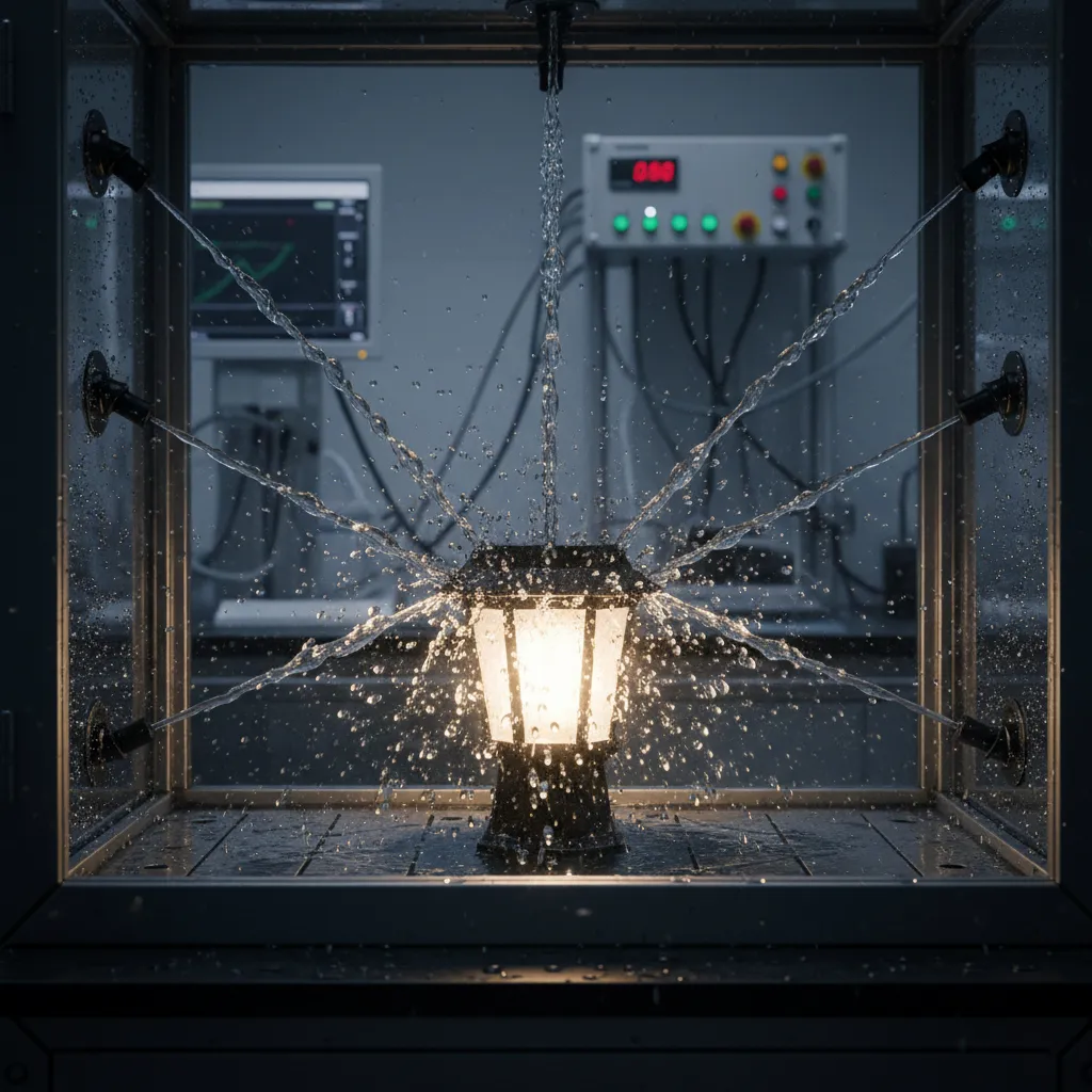 ip65 waterproof rating rain test chamber conducting spray simulation on a solar garden lantern.