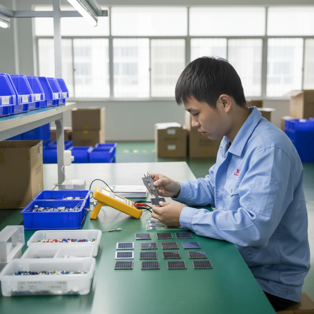 quality inspector checking incoming solar panels and materials in the iqc area