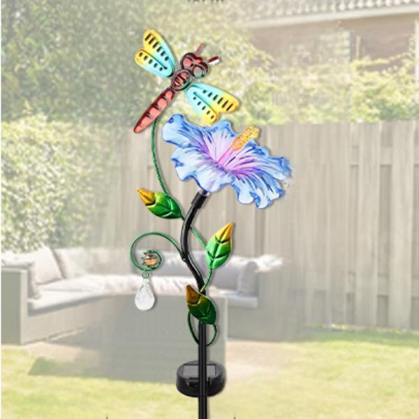 sm23527 dragonfly solar metal stake lights with flower