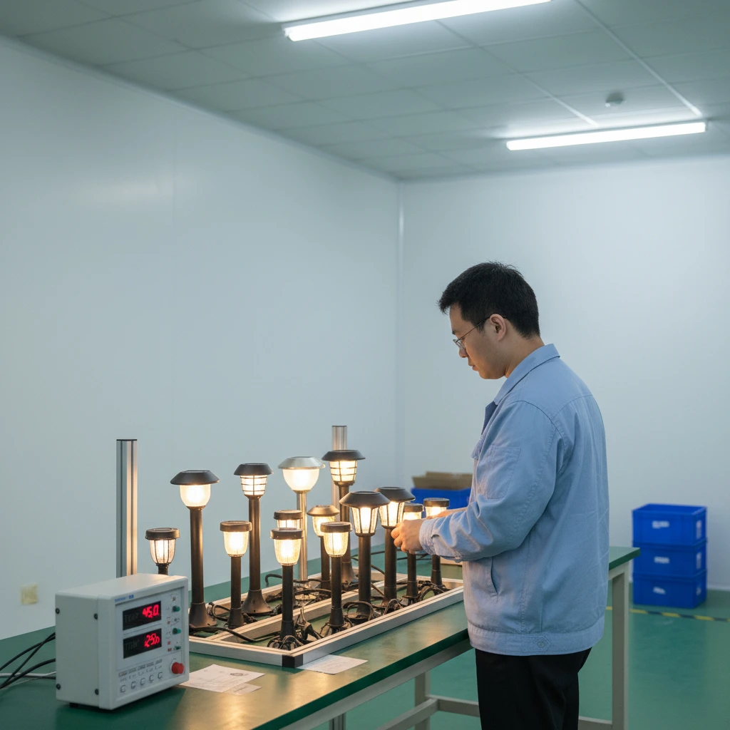solar garden lights undergoing reliability and aging tests in the factory lab