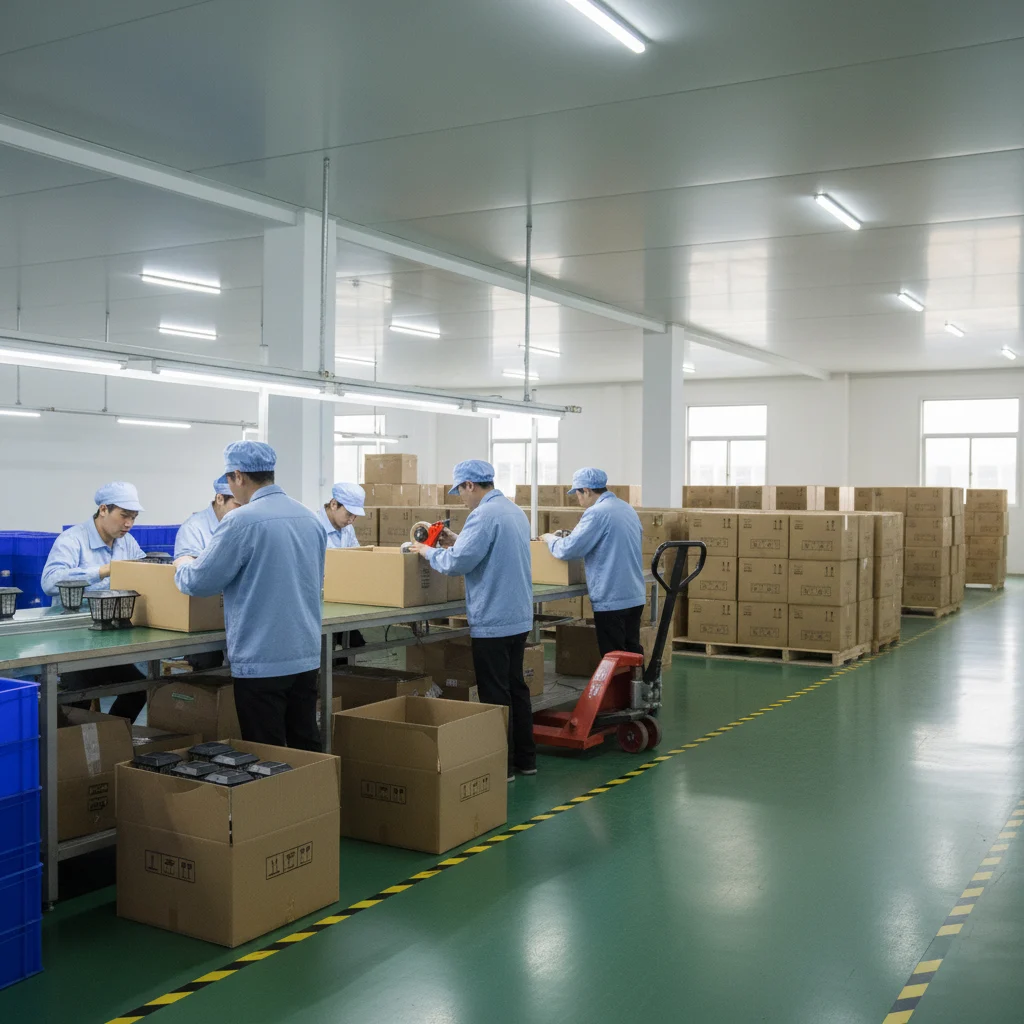workers packing solar garden lights and preparing export cartons in the logistics center