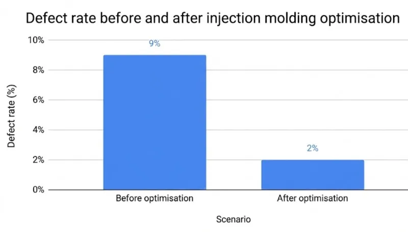 bar chart comparing defect rate before and after injection molding optimisation for plastic solar light housings