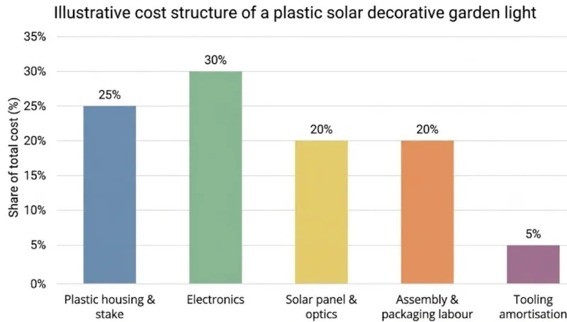 bar chart showing an illustrative cost breakdown for a plastic solar decorative garden light by main cost elements