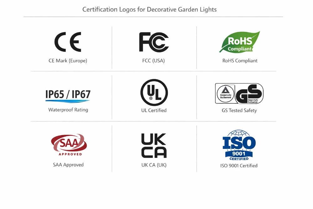 collection of certification logos and marks for decorative garden lights