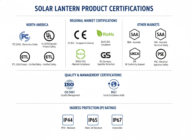 collection of certification logos for solar lanterns organized by region.