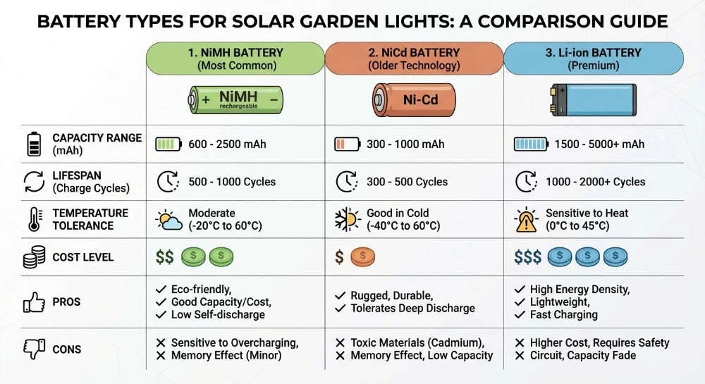 comparison chart of three battery types for solar garden lights