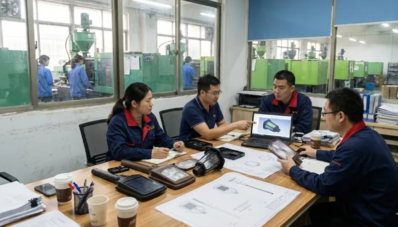 engineers discussing plastic solar garden light housings and cad drawings in a factory office