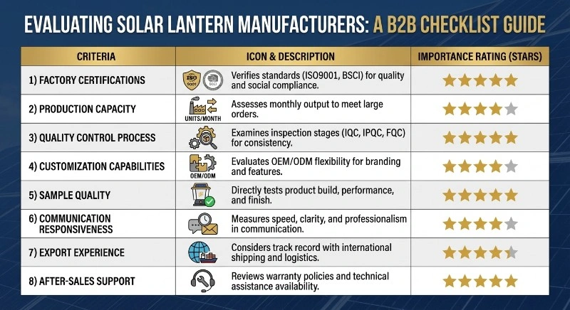 infographic checklist for evaluating solar lantern manufacturers