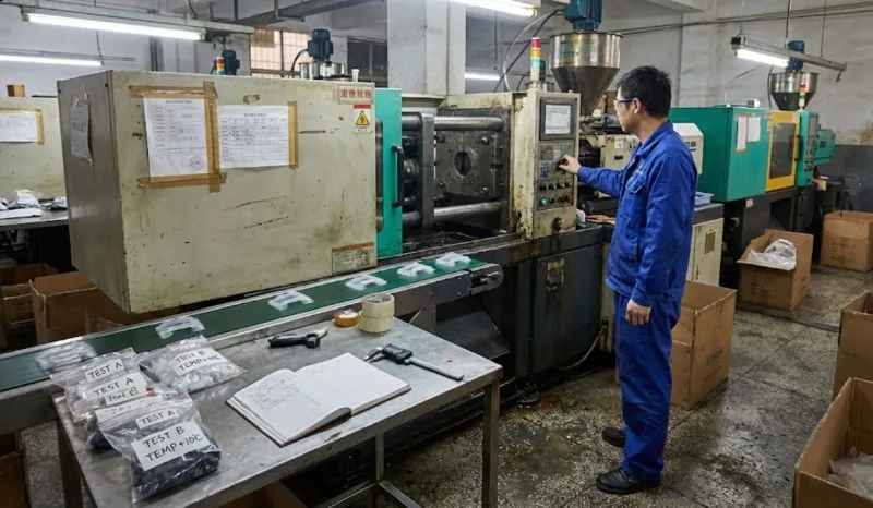 injection molding technician adjusting machine parameters while checking trial plastic parts on a small table