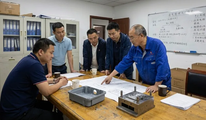 mold designer and senior injection technician discussing plastic housing drawings and mold inserts in a factory meeting room