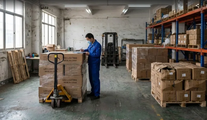 pallets of finished boxed products wrapped and ready to ship in a slightly messy factory warehouse