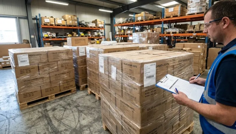 pallets of finished plastic solar garden lights in a factory warehouse with a worker checking packing lists