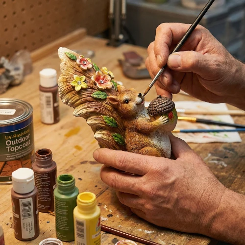 resin squirrel painting finishing touches