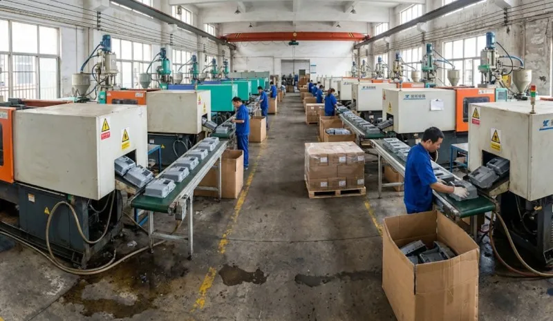 row of injection molding machines producing plastic housings with workers inspecting parts in a chinese factory