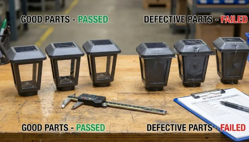 side by side comparison of good and defective injection molded plastic housings for solar garden lights