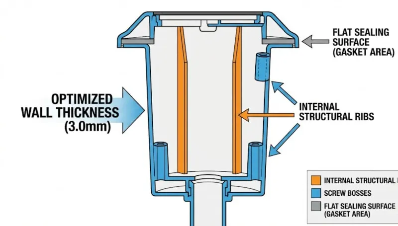 technical cross section of a plastic solar light housing showing ribs, bosses and sealing surfaces