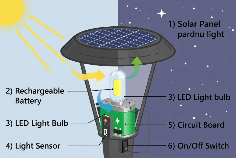 technical diagram showing how solar garden lights work.