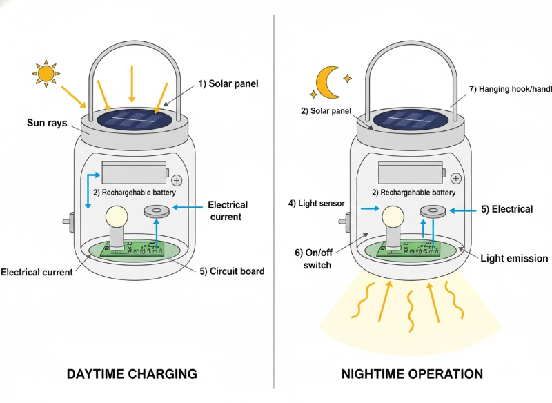 technical diagram showing how solar lanterns work.