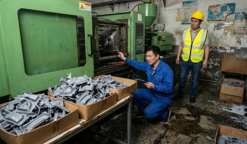 technician debugging a new injection mold next to bins of defective plastic parts in a busy injection molding workshop