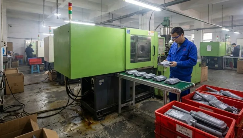 technician inspecting freshly molded plastic housings for solar garden lights next to an injection machine