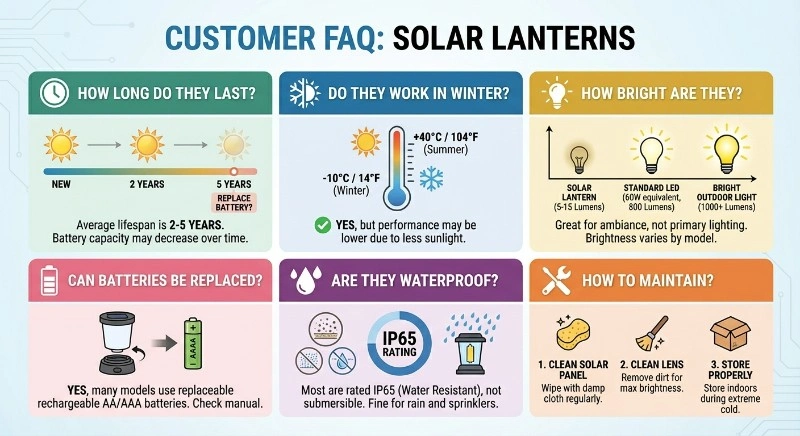visual faq infographic answering 6 common customer questions about solar lanterns.