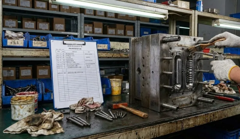 worker performing maintenance on an open injection mold with tools and a maintenance log on the workbench