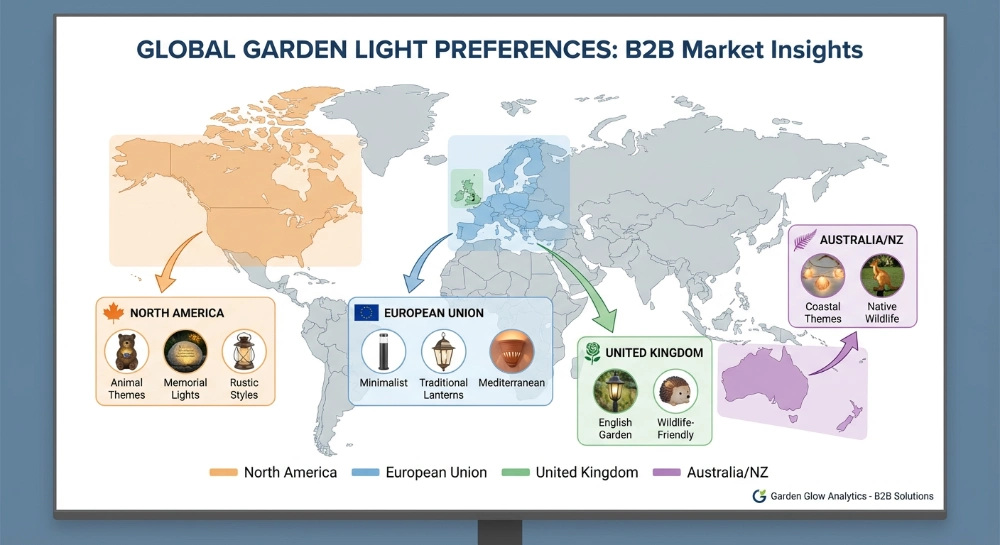 world map infographic showing regional preferences for decorative garden lights.