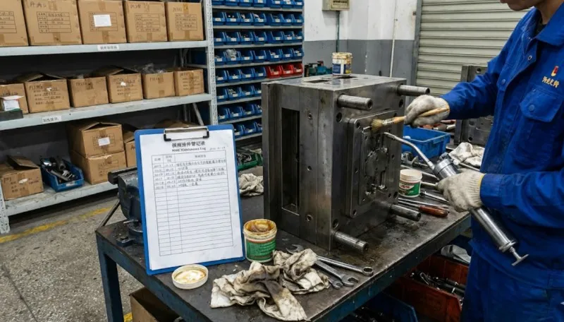 factory worker maintaining an open injection mold with a visible maintenance log on the workbench