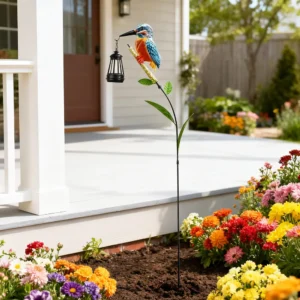 sm251122 iron + glass bird lantern solar stake light (1)