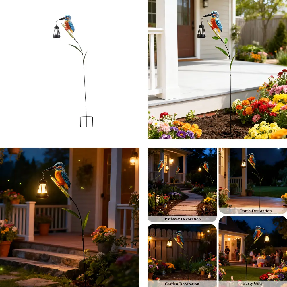 sm251122 iron + glass bird lantern solar stake light (4)