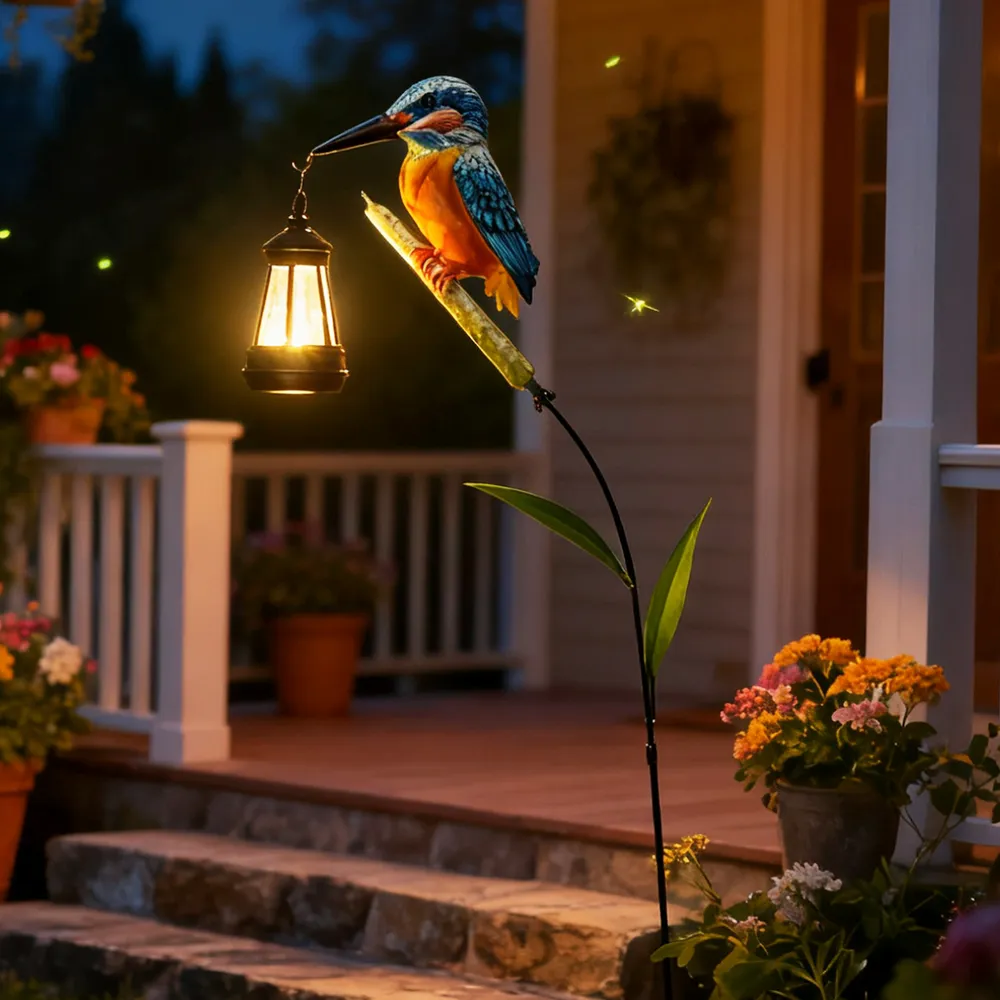 sm251122 iron + glass bird lantern solar stake light (6)