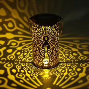 sm251144 iron+pp solar hollow out peacock lantern (1)