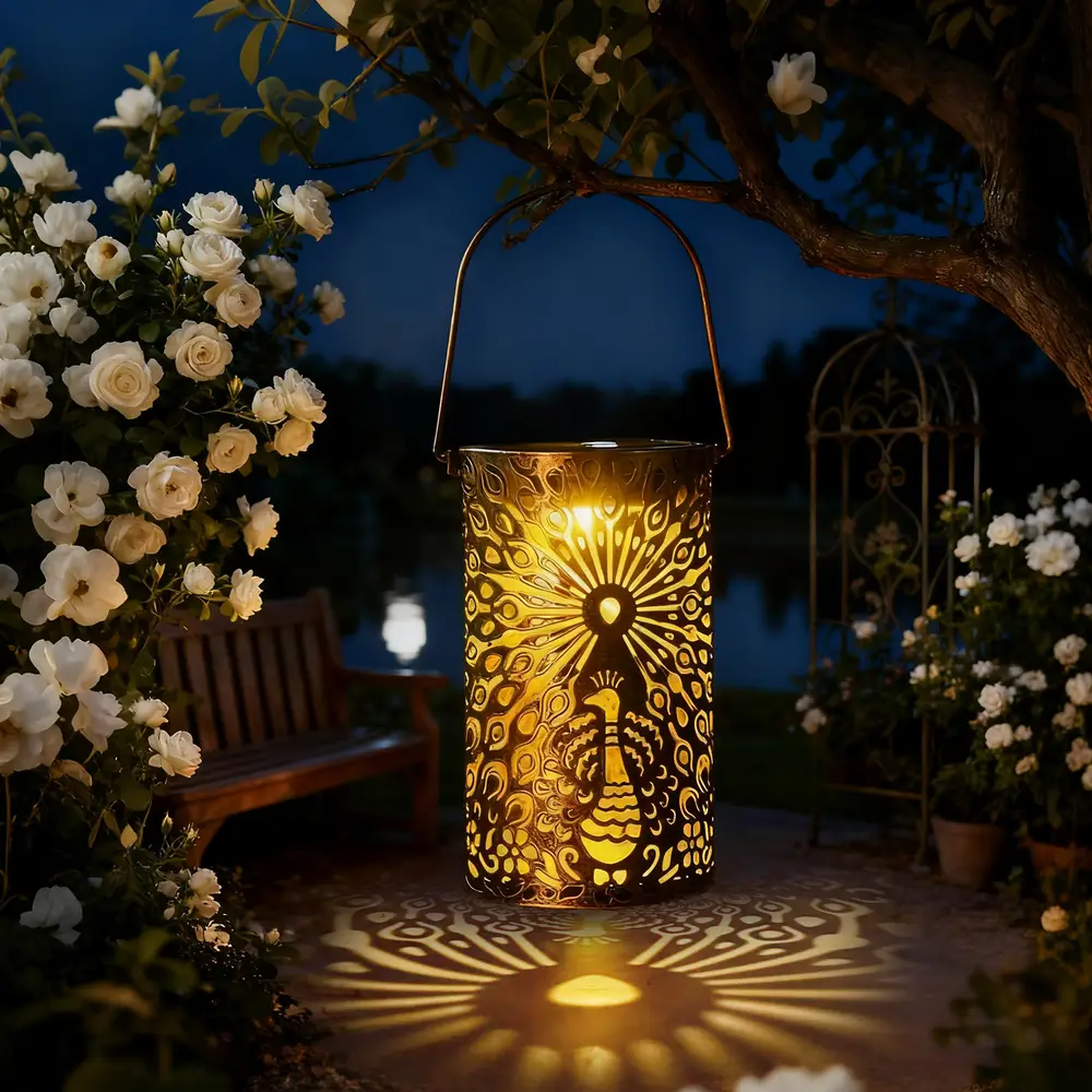 sm251144 iron+pp solar hollow out peacock lantern (3)