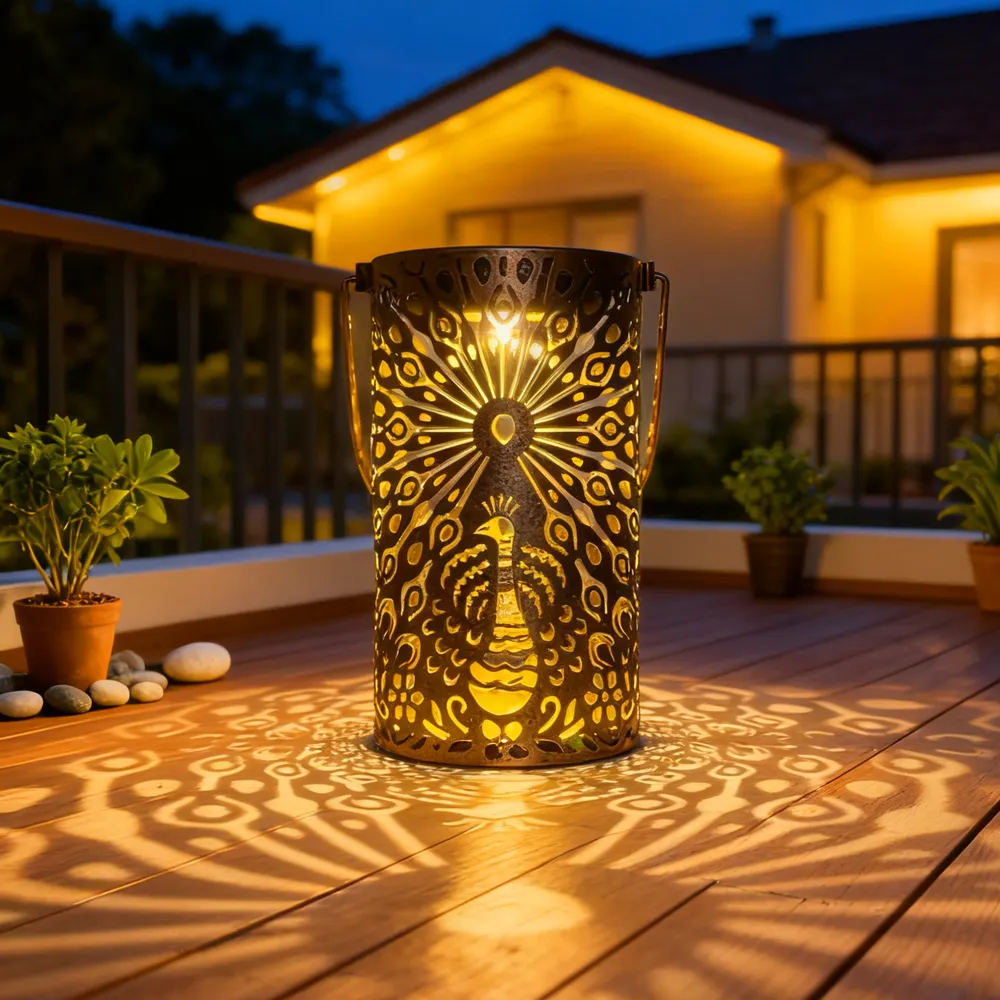 sm251144 iron+pp solar hollow out peacock lantern (4)
