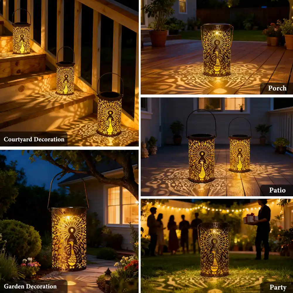 sm251144 iron+pp solar hollow out peacock lantern (5)