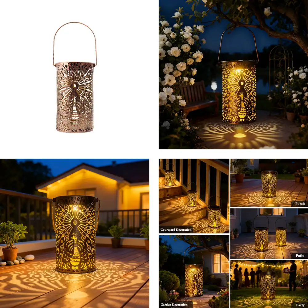sm251144 iron+pp solar hollow out peacock lantern (6)