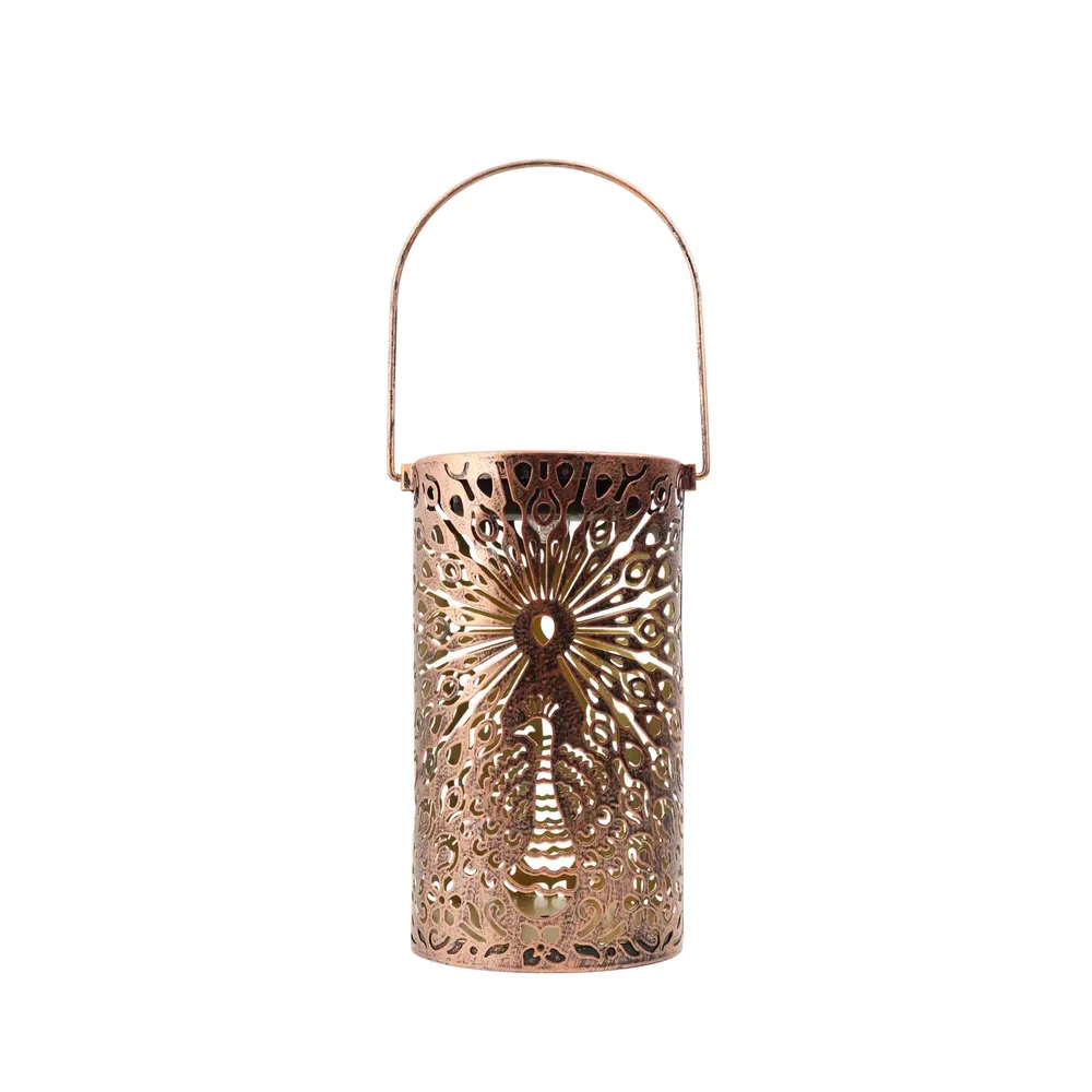sm251144 iron+pp solar hollow out peacock lantern (7)