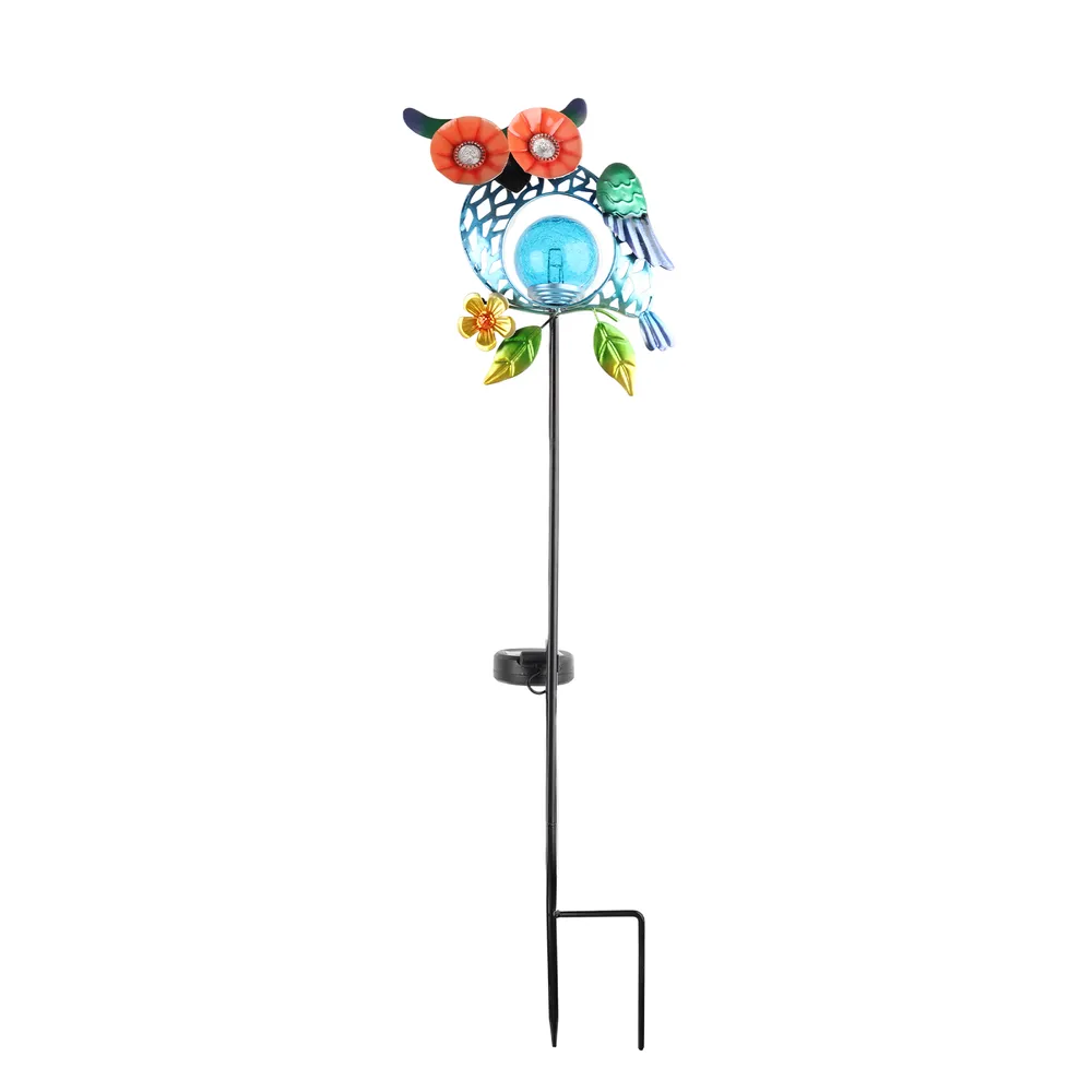 sm251191b iron + glass blue owl solar stake light with blue globe (3)