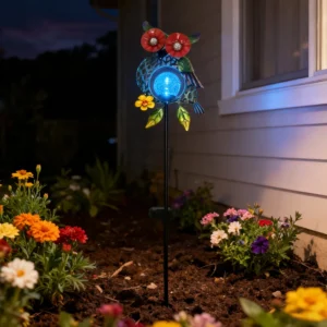 sm251191b iron + glass blue owl solar stake light with blue globe (4)