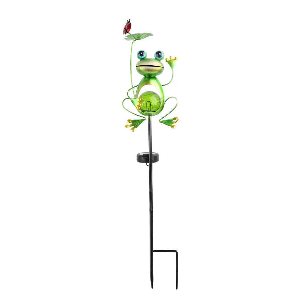 sm251194 iron + glass frog globe solar stake light with ladybug (4)