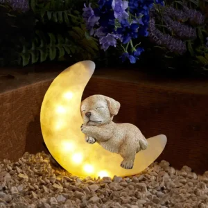 SM251242 Solarstatue „Schlafender Hund auf dem Mond“ aus Kunstharz zum Gedenken an Haustiere