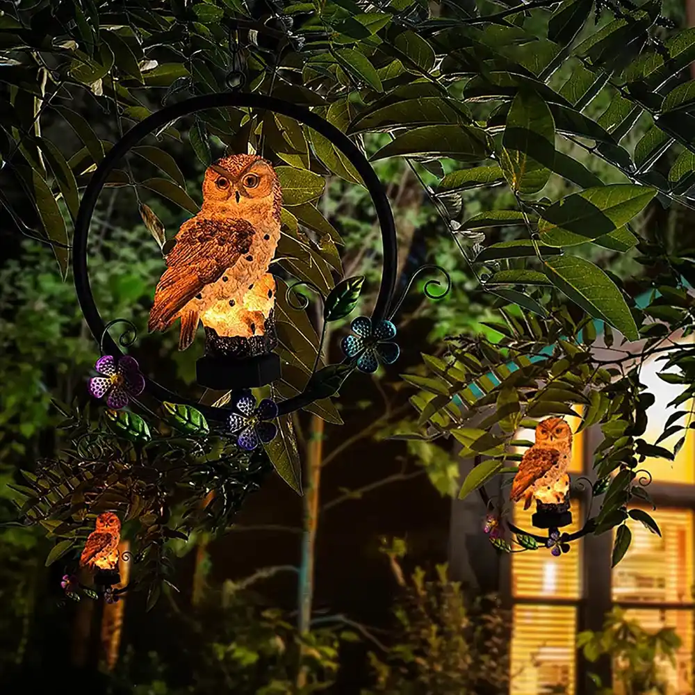sm251303 iron+pp+resin solar owl garden hanging light (2)