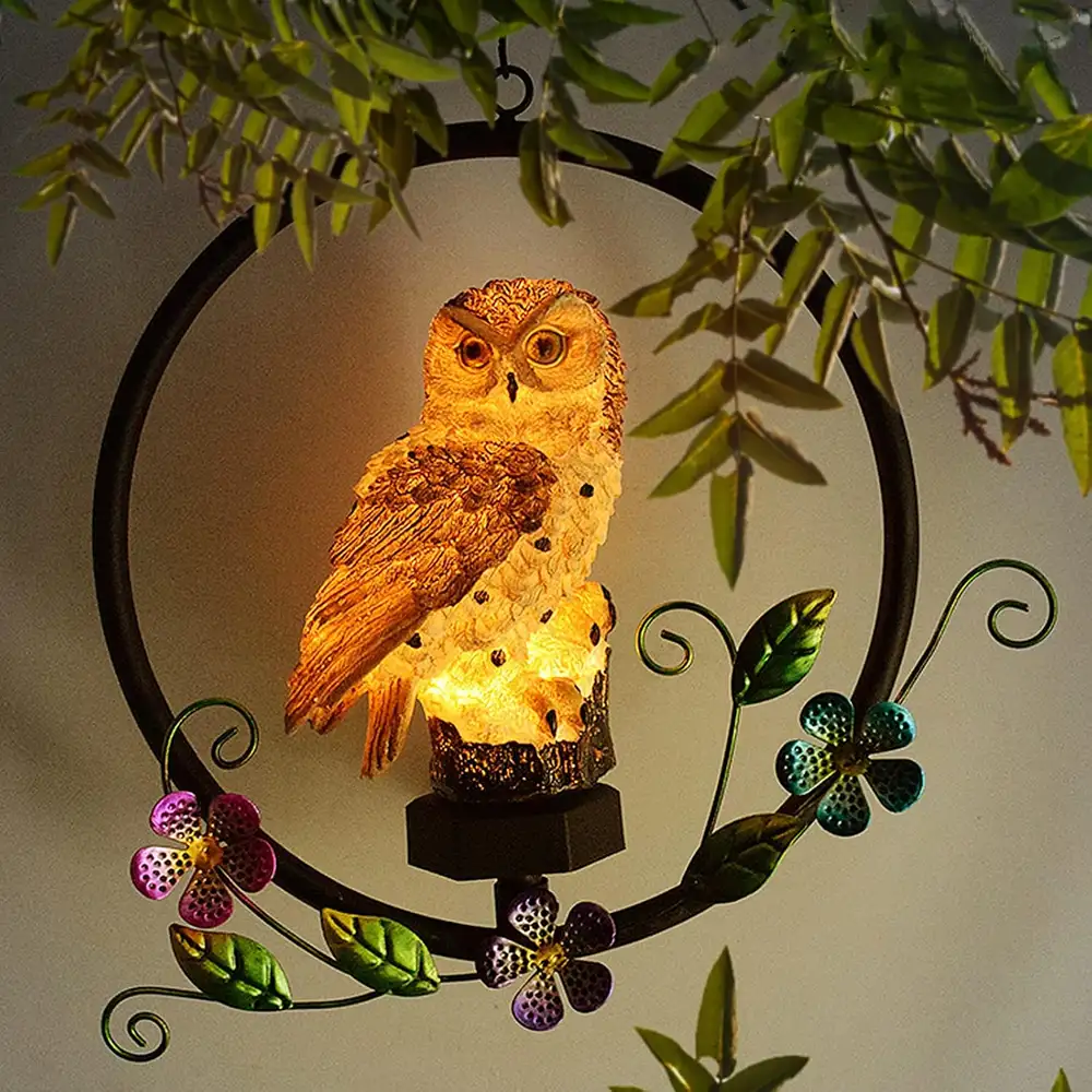 sm251303 iron+pp+resin solar owl garden hanging light (3)